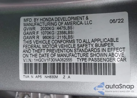 2022 Honda Accord Sport z USA, uszkodzony, nr VIN 1HGCV1F30NA062555